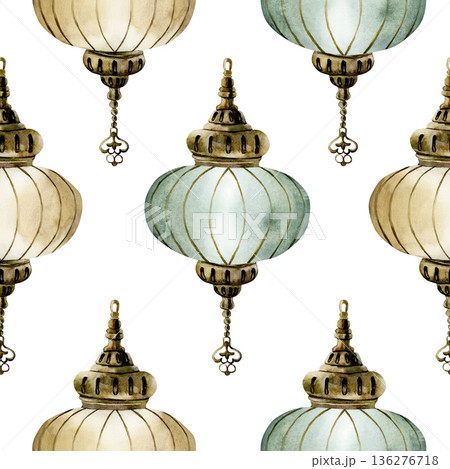Hanging Lantern Seamless Pattern. Arabic style golden lamp Watercolor hand painted isolated illustration on white background for Ramadan design Muslim holiday Eid Mubarak Al Fitr Adha wrapping paper Hanging Lantern Seamless Pattern. Arabic style golden lamp Watercolor hand painted isolated illustration on white background for Ramadan design Muslim holiday Eid Mubarak Al Fitr Adha wrapping paper 136276718