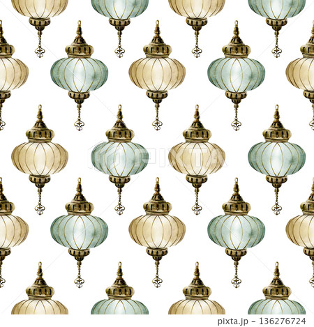 Hanging Lantern Seamless Pattern. Arabic style golden lamp Watercolor hand painted isolated illustration on white background for Ramadan design Muslim holiday Eid Mubarak Al Fitr Adha wrapping paper Hanging Lantern Seamless Pattern. Arabic style golden lamp Watercolor hand painted isolated illustration on white background for Ramadan design Muslim holiday Eid Mubarak Al Fitr Adha wrapping paper 136276724
