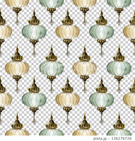 Hanging Lantern Seamless Pattern. Arabic style golden lamp Watercolor hand painted isolated illustration on white background for Ramadan design Muslim holiday Eid Mubarak Al Fitr Adha wrapping paper Hanging Lantern Seamless Pattern. Arabic style golden lamp Watercolor hand painted isolated illustration on white background for Ramadan design Muslim holiday Eid Mubarak Al Fitr Adha wrapping paper 136276726