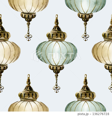 Hanging Lantern Seamless Pattern. Arabic style golden lamp Watercolor hand painted isolated illustration on blue background for Ramadan design Muslim holiday Eid Mubarak Al Fitr Adha wrapping paper 136276728