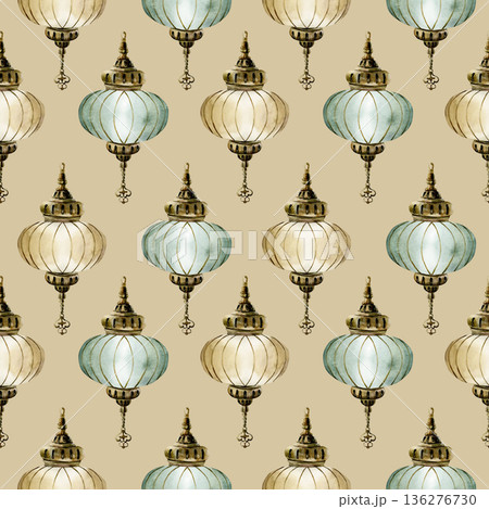 Hanging Lantern Seamless Pattern. Arabic style golden lamp Watercolor hand painted isolated illustration on beige background for Ramadan design Muslim holiday Eid Mubarak Al Fitr Adha wrapping paper 136276730