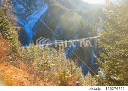 View of Wiesen Viaduct, Rhaetian railway, Graubunden in Switzerland at winter View of Wiesen Viaduct, Rhaetian railway, Graubunden in Switzerland at winter 136276731