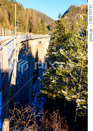View of Wiesen Viaduct, Rhaetian railway, Graubunden in Switzerland at winter 136276732