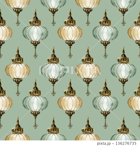 Hanging Lantern Seamless Pattern. Arabic style golden lamp Watercolor hand painted isolated illustration on turquoise background Ramadan design Muslim holiday Eid Mubarak Al Fitr Adha wrapping paper Hanging Lantern Seamless Pattern. Arabic style golden lamp Watercolor hand painted isolated illustration on turquoise background Ramadan design Muslim holiday Eid Mubarak Al Fitr Adha wrapping paper 136276735