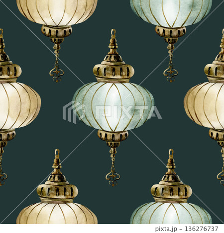 Hanging Lantern Seamless Pattern. Arabic style golden lamp Watercolor hand painted isolated illustration on dark green background Ramadan design Muslim holiday Eid Mubarak Al Fitr Adha wrapping paper Hanging Lantern Seamless Pattern. Arabic style golden lamp Watercolor hand painted isolated illustration on dark green background Ramadan design Muslim holiday Eid Mubarak Al Fitr Adha wrapping paper 136276737