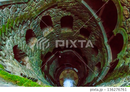 Initiation Well (Inverted tower) at park of Quinta da Regaleira palace in Sintra, Portugal 136276761
