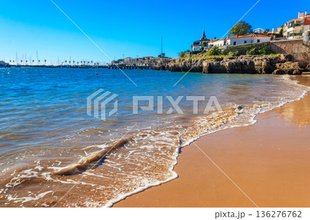 View of beach and the Atlantic ocean in Cascais, Lisbon district, Portugal 136276762