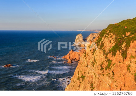 View of the Atlantic Ocean from Cabo da Roca. Cabo da Roca or Cape Roca is westernmost cape of mainland Portugal, continental Europe and the Eurasian land mass 136276766