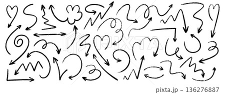 Hand drawn arrow set with marker, crayon and chalk pointer icons. Pencil line sketches featuring black brush strokes, rough doodle elements and fun scribble textures on white background for design. Hand drawn arrow set with marker, crayon and chalk pointer icons. Pencil line sketches featuring black brush strokes, rough doodle elements and fun scribble textures on white background for design. 136276887