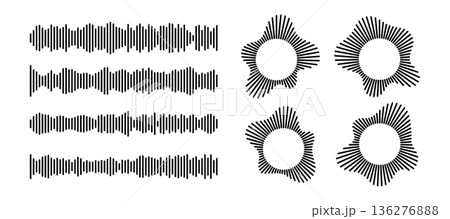 Audio waveform set with radial burst patterns and horizontal frequency lines. Monochrome podcast icons - geometric equalizer bars, abstract ripple shapes and voice recording graphic elements Audio waveform set with radial burst patterns and horizontal frequency lines. Monochrome podcast icons - geometric equalizer bars, abstract ripple shapes and voice recording graphic elements 136276888