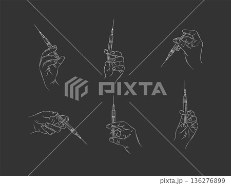 Hand holding a syringe illustrations black 136276899
