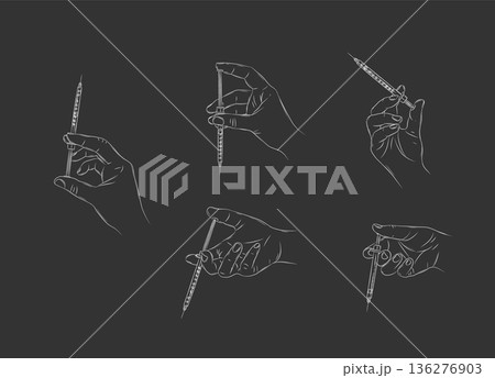 Hand holding a syringe variety positions illustration black 136276903