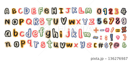 Vintage ransom note alphabet set with cutout letters numbers and symbols hand drawn vector illustration for punk grunge zine and anonymous poster design 136276987