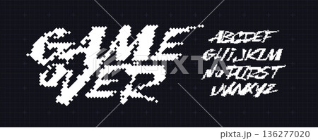 Game Over Font Logo Alphabet Y2K Pixel Letter Set Modern Typography, Arcade Typographic Design for Title Text, Gaming Typo Headline, Old Computer Type Symbol Logotype, Games Fonts. Vector Typeface Game Over Font Logo Alphabet Y2K Pixel Letter Set Modern Typography, Arcade Typographic Design for Title Text, Gaming Typo Headline, Old Computer Type Symbol Logotype, Games Fonts. Vector Typeface 136277020