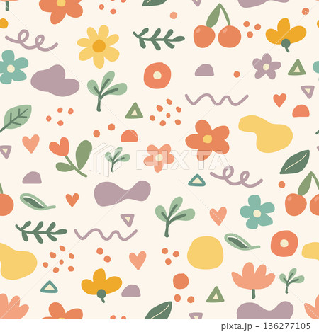 Doodle flowers, cherries, and leaves in a colorful surface design for fabric prints, gift wrap, and stationery packaging. Doodle flowers, cherries, and leaves in a colorful surface design for fabric prints, gift wrap, and stationery packaging. 136277105