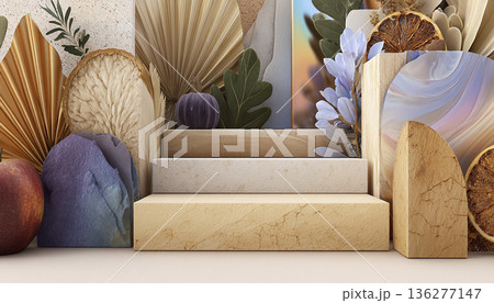 ナチュラル素材と有機造形が調和する抽象モダンディスプレイ背景 136277147