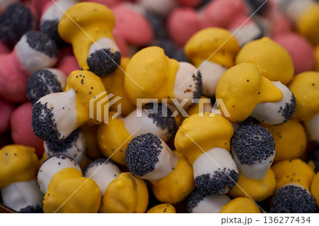 Homemade mushroom-shaped cookies in the handicraft market Homemade mushroom-shaped cookies in the handicraft market 136277434