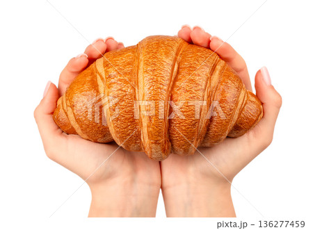 Fresh croissant held in two hands isolated on white background 136277459