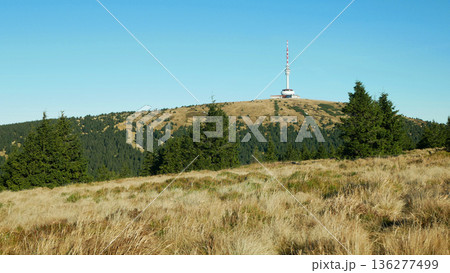 Praded old father Jeseniky mountains observation or lookout TV tower and television transmitter protected landscape area reservation meadow autumn trees hill famous tourist spot hill surrounded by Praded old father Jeseniky mountains observation or lookout TV tower and television transmitter protected landscape area reservation meadow autumn trees hill famous tourist spot hill surrounded by 136277499