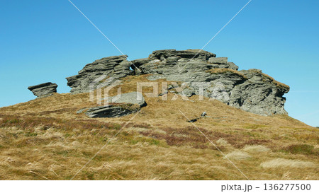 Petrovy kameny Peterstein peak Jeseniky close up shot during autumn famous tourist place in Hruby Jesenik mountains made up of metamorphosed rocks phyllites and quartzites in Praded highlands national Petrovy kameny Peterstein peak Jeseniky close up shot during autumn famous tourist place in Hruby Jesenik mountains made up of metamorphosed rocks phyllites and quartzites in Praded highlands national 136277500