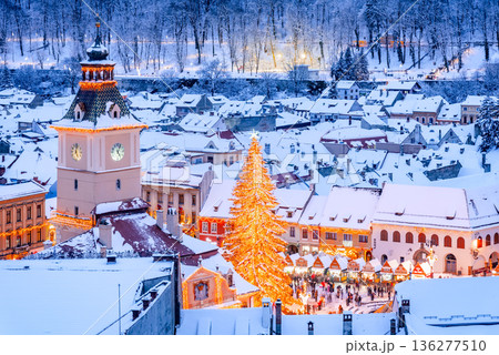 Brasov, Romania. Snowy evening view of the Christmas Market 136277510