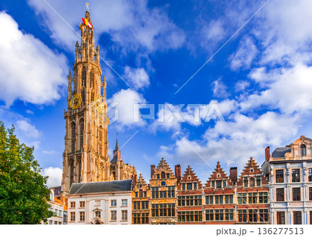 Antwerp, Belgium. Grote Markt medieval guild houses and Cathedral of Anvers in Flanders 136277513