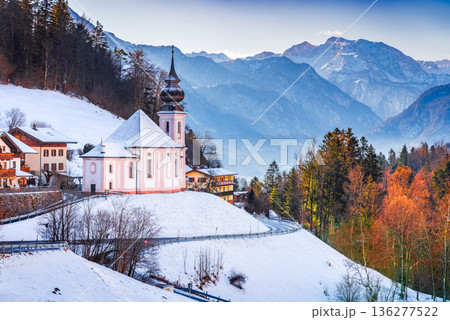 Berchtesgaden, Germany. Maria Gern church, winter frozen landscape with Watzmann Mountain in Alps, Bavaria. 136277522