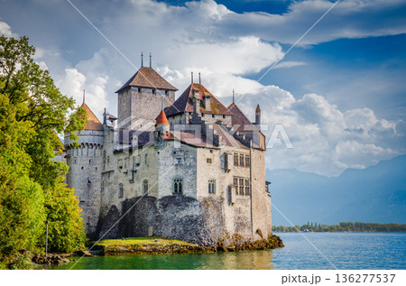 Chateau de Chillon, Switzerland. Chillon Castle, rock on the banks of Lake Geneva Chateau de Chillon, Switzerland. Chillon Castle, rock on the banks of Lake Geneva 136277537