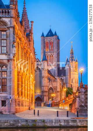 Ghent, Belgium. Graslei Channel at twilight, Sint-Niklaaskerk church 136277538