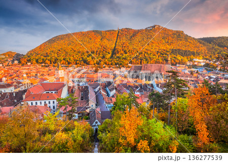 Brasov, Romania. Sunset mild colors with historical city in Transylvania. 136277539