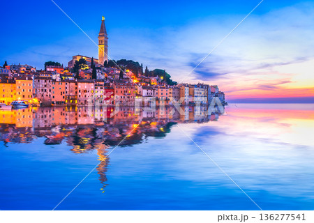 Rovinj, Croatia. Famous city of Istria Peninsula, Dalmatia coastline, blue hour colored sky. Rovinj, Croatia. Famous city of Istria Peninsula, Dalmatia coastline. 136277541