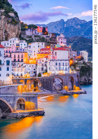 Atrani, Italy. Beautiful Amalfi coastline at twilight, Mediterranean Sea 136277546