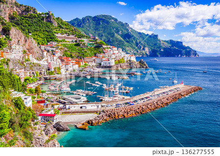 Amalfi, Italy. Beautiful village, colorful houses, Amalfitana coastline in Campania. 136277555