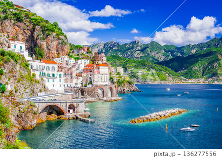 Atrani, Italy. Village on Amalfi Coast, colorful houses, Mediterranean seaside atmosphere Atrani, Italy. Village on Amalfi Coast, colorful houses, Mediterranean seaside atmosphere 136277556