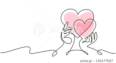 Hands with two hearts. Continuous one line drawing art. Love concept. Hands with two hearts. Continuous one line drawing art. Love concept. 136277687