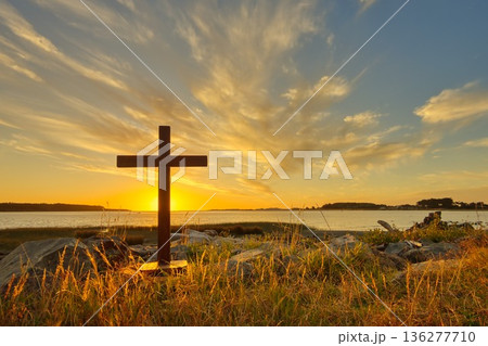 Summer Wooden Cross Sunset Foxton Beach New Zealand Summer Wooden Cross Sunset Foxton Beach New Zealand 136277710