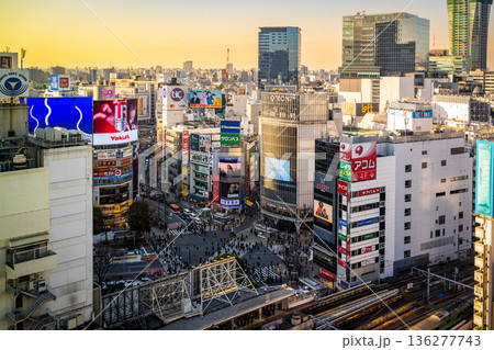 夕暮れの渋谷スクランブル交差点周辺の街並みとビル群 夕暮れの渋谷スクランブル交差点周辺の街並みとビル群 136277743
