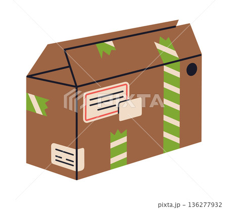 Cartoon parcel. Cargo packed cardboard box, carton warehouse box with goods, delivery or moving carton container flat vector illustration. Delivery box on white background Cartoon parcel. Cargo packed cardboard box, carton warehouse box with goods, delivery or moving carton container flat vector illustration. Delivery box on white background 136277932