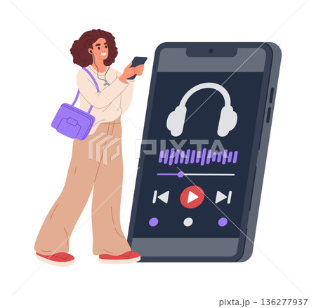 Girl with big smartphone using music player app. Woman listening to music, female character enjoying favorite music flat vector illustration. Music player on phone screen 136277937