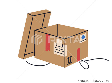 Packed parcel. Cargo cardboard box, carton warehouse box with goods, delivery or moving carton container flat vector illustration. Hand drawn box on white background 136277939