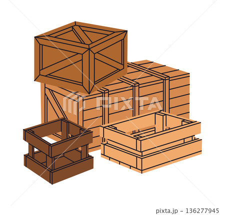 Wooden containers. Cargo shipping wooden boxes, stacked delivery boxes flat vector illustration. Cartoon wood delivery boxes on white background Wooden containers. Cargo shipping wooden boxes, stacked delivery boxes flat vector illustration. Cartoon wood delivery boxes on white background 136277945