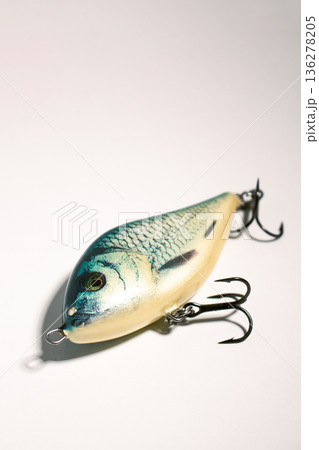 Fishing accessories bobbers, hooks, tackles, baits isolated on white background. Image for shop for fisherman. Close up 136278205
