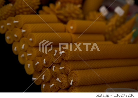 Bee wax candles for sale at a market Bee wax candles for sale at a market 136278230