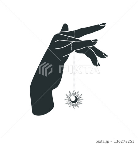 Celestial emblem with female hand holding a celestial pendant with sun and crescent moon. Vector illustration 136278253