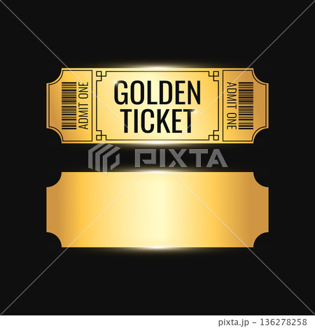 Golden ticket design with blank template on black background. Festival, premiere events, luxury and VIP invitation concept. Vector illustration 136278258
