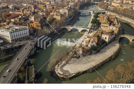 Aerial view of Tiber Island and bridges over Tiber River 136278348