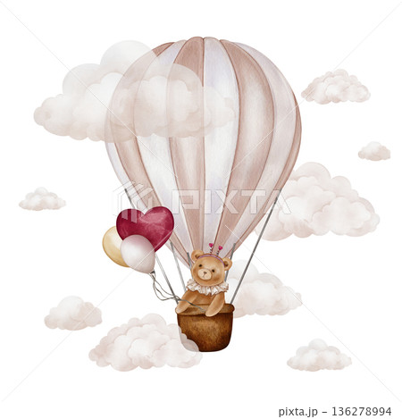 Watercolor pink Air Balloons with basket and bear. Hand drawn illustration for Children design with clouds. Vintage Aircraft with hot air and hearts for icon or logo in pastel colors for kids. 136278994