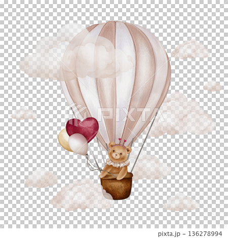 Watercolor pink Air Balloons with basket and bear. Hand drawn illustration for Children design with clouds. Vintage Aircraft with hot air and hearts for icon or logo in pastel colors for kids. 136278994