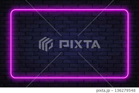Glowing pink neon frame on a dark brick wall creates a modern futuristic atmosphere. Perfect for digital ads, posters, or stylish presentations. Glowing pink neon frame on a dark brick wall creates a modern futuristic atmosphere. Perfect for digital ads, posters, or stylish presentations. 136279548