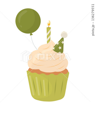 A green balloon, a party hat with a candle, and a cupcake with cream. Vector illustration in pastel colors. Birthday dessert icon. Suitable for invitations, cards, posters, stickers, advertising, and 136279551